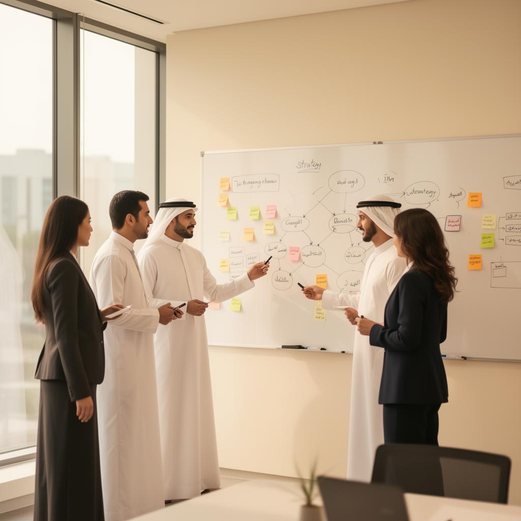 Saudi business team strategizing at a whiteboard